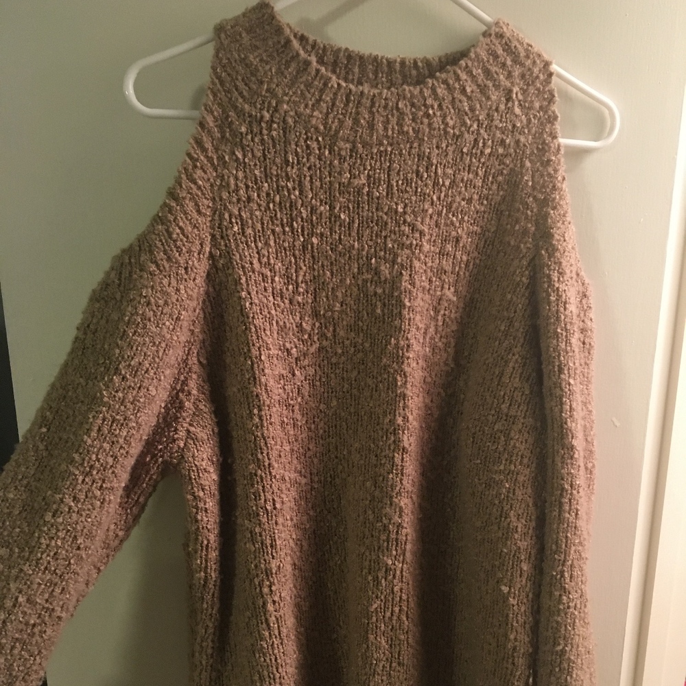 Fuzzy Tan Sweater with Cutout Shoulders